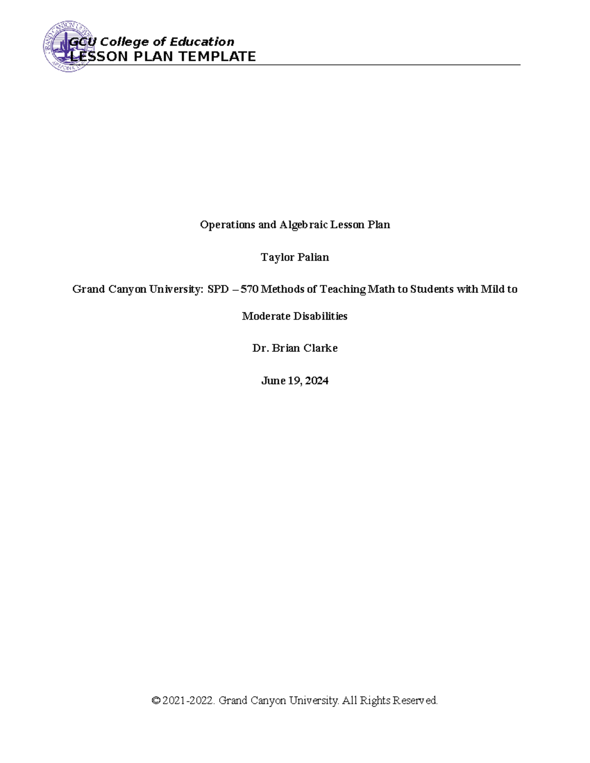 Operations and Algebraic Thinking Lesson Plan (SPD-570) - Studocu