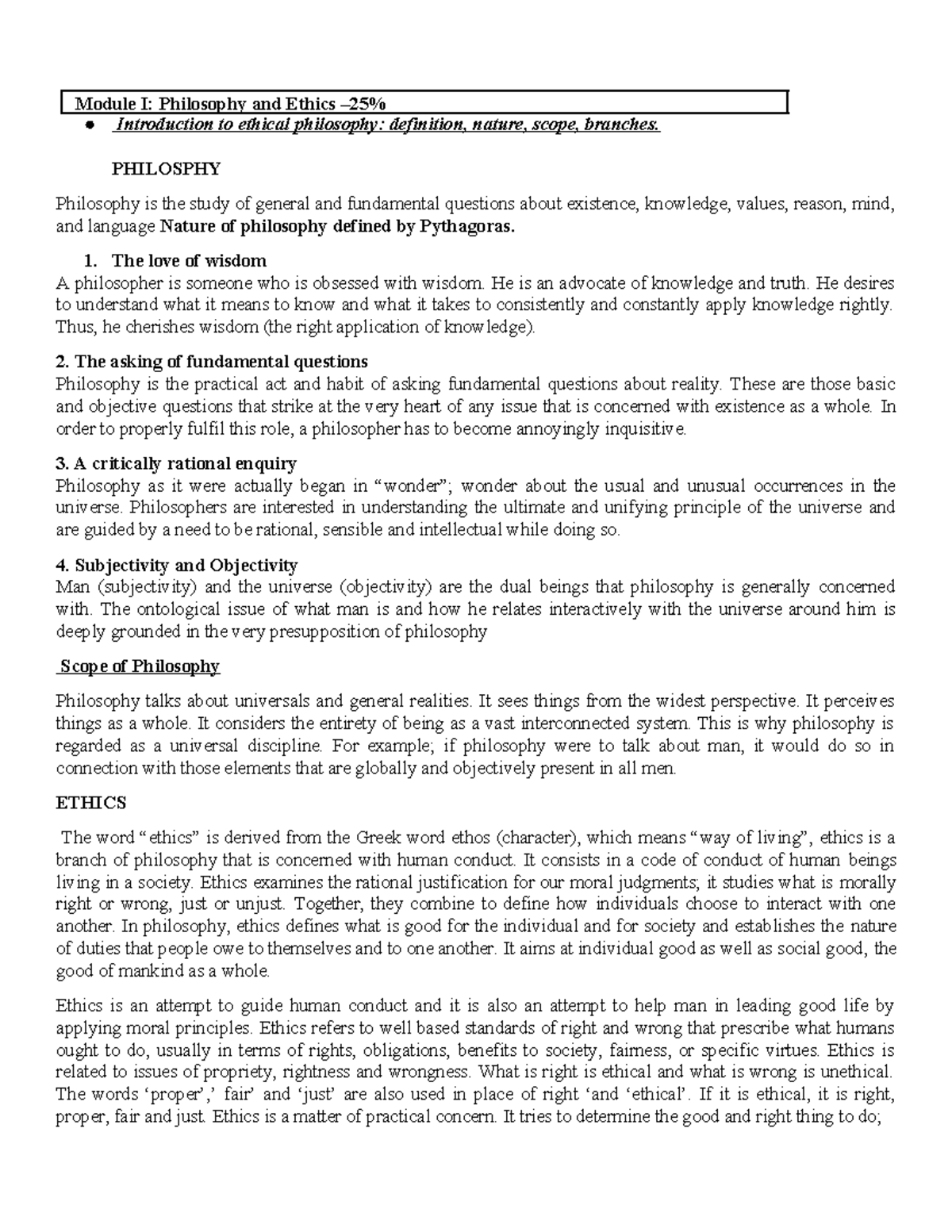 PHIL 101: Module I - Intro to Philosophy & Ethics: Nature, Scope, and ...