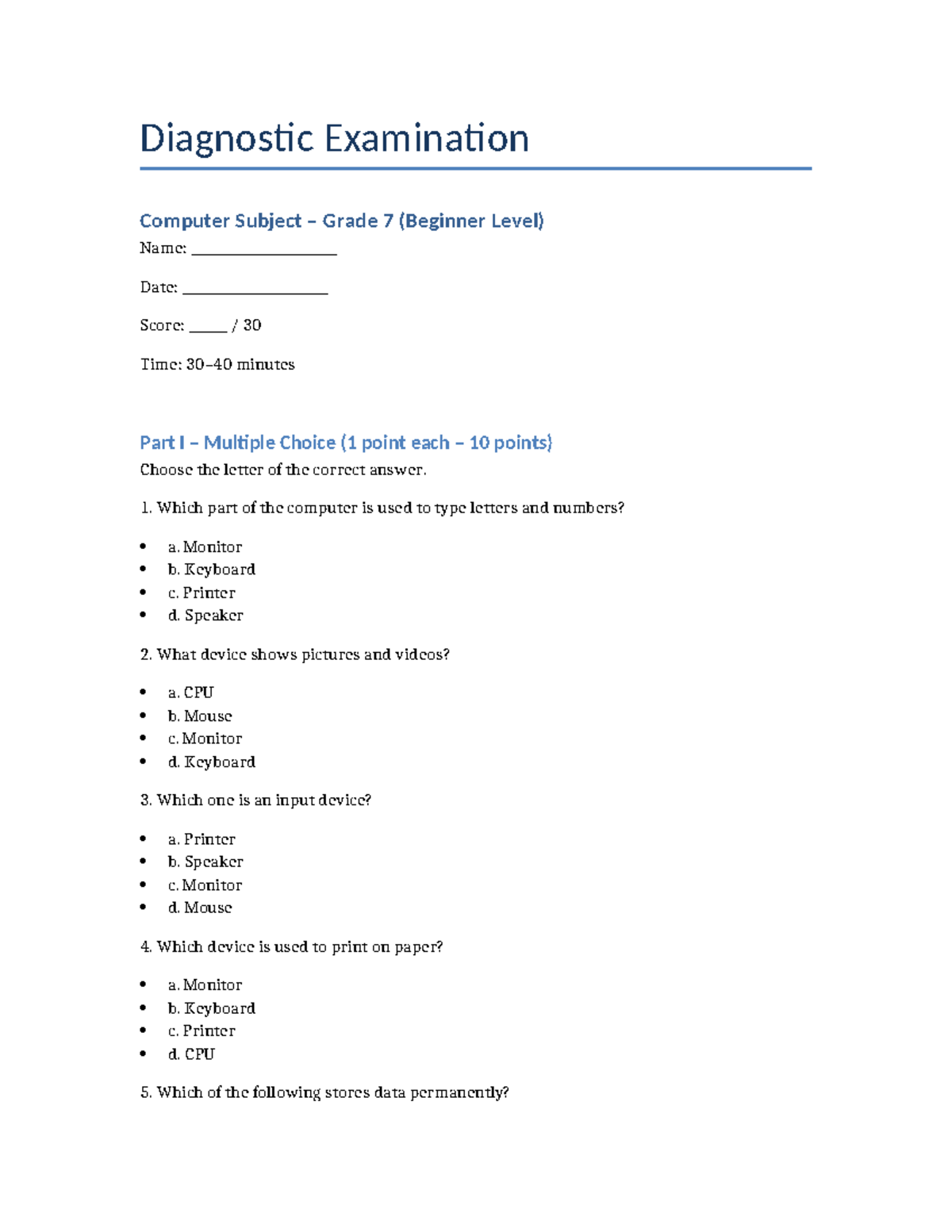Grade 7 Computer Diagnostic Exam (Beginner Level) - Studocu