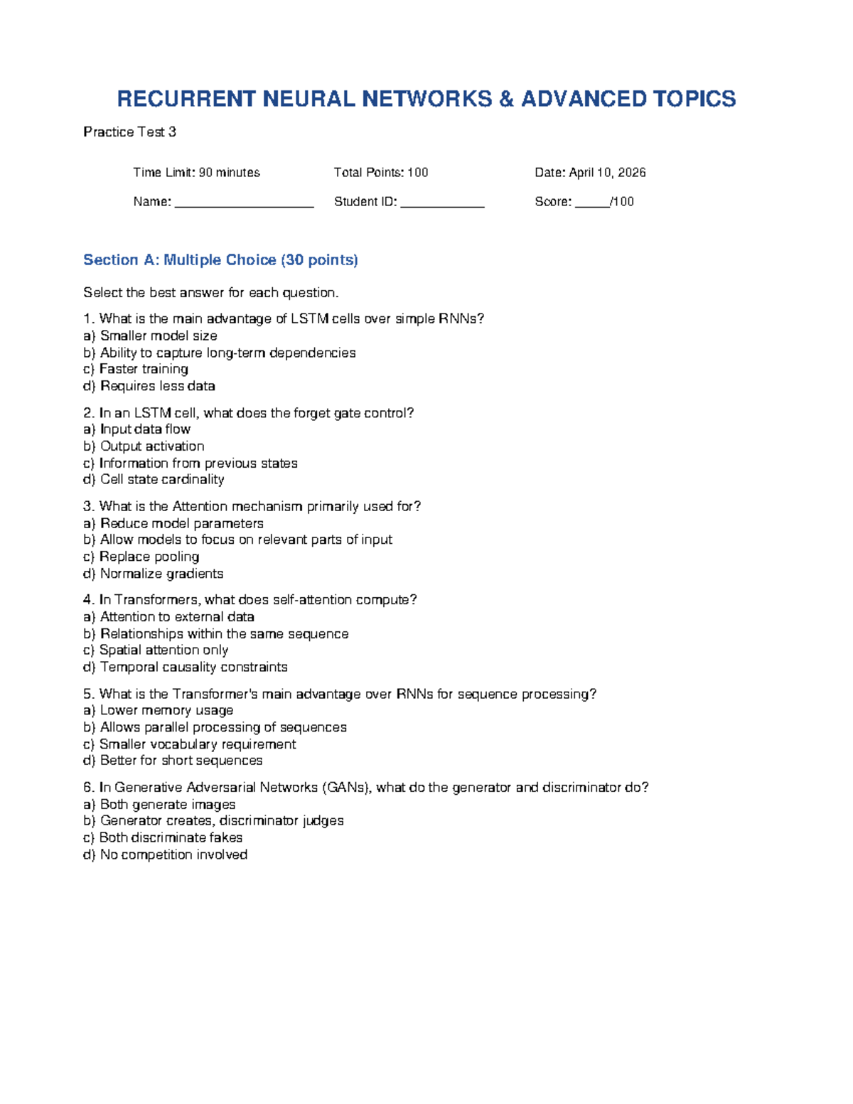 DL Practice Test 3: Advanced Topics in RNNs - Studocu
