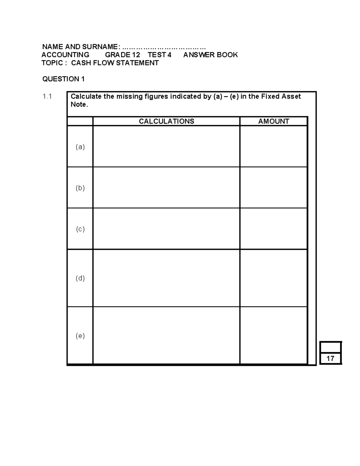 Accounting Grade 12 Test 4 Answer Book: Cash Flow Statement Analysis ...