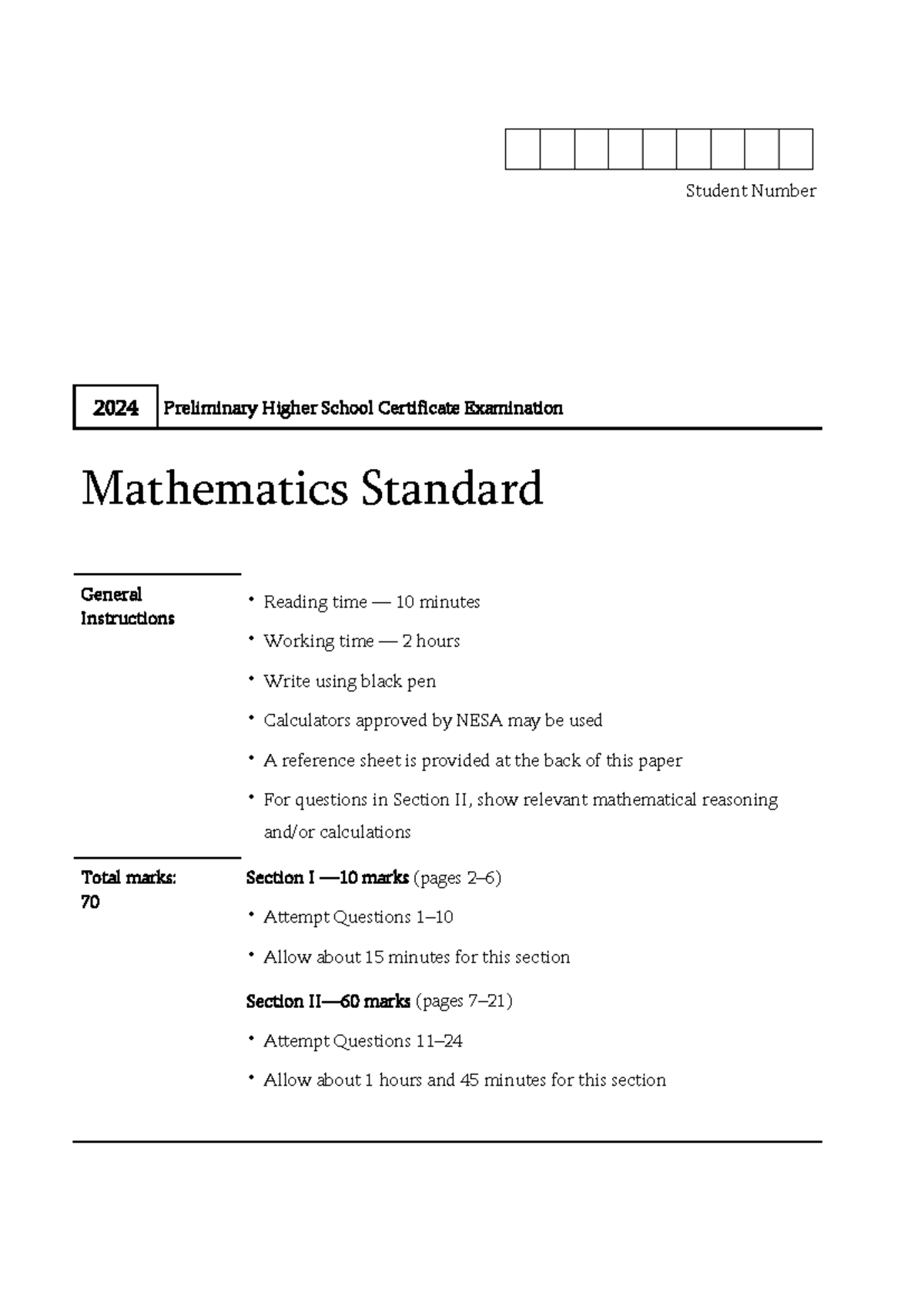2024 HSC Mathematics Standard Preliminary Exam Instructions & Questions ...