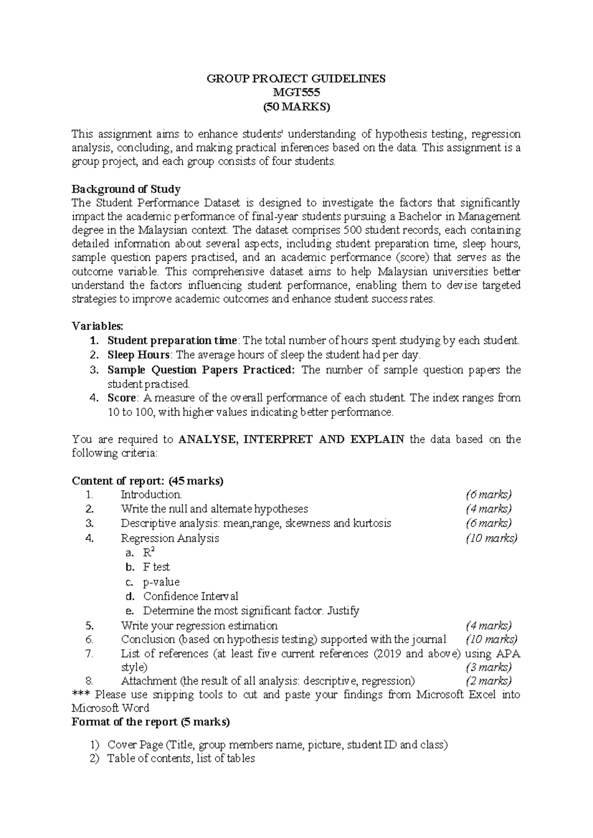 MGT555 Group Project Guidelines on Student Performance Analysis - Studocu