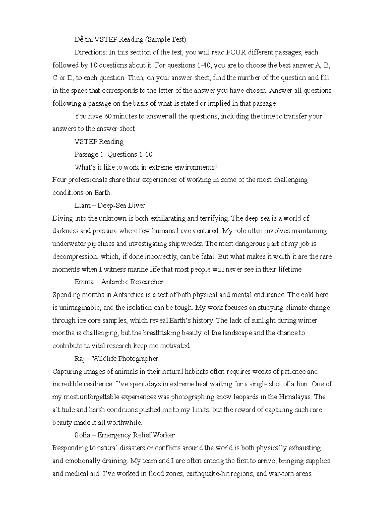 Đề thi VSTEP Reading - Sample Test Questions and Passages - Studocu