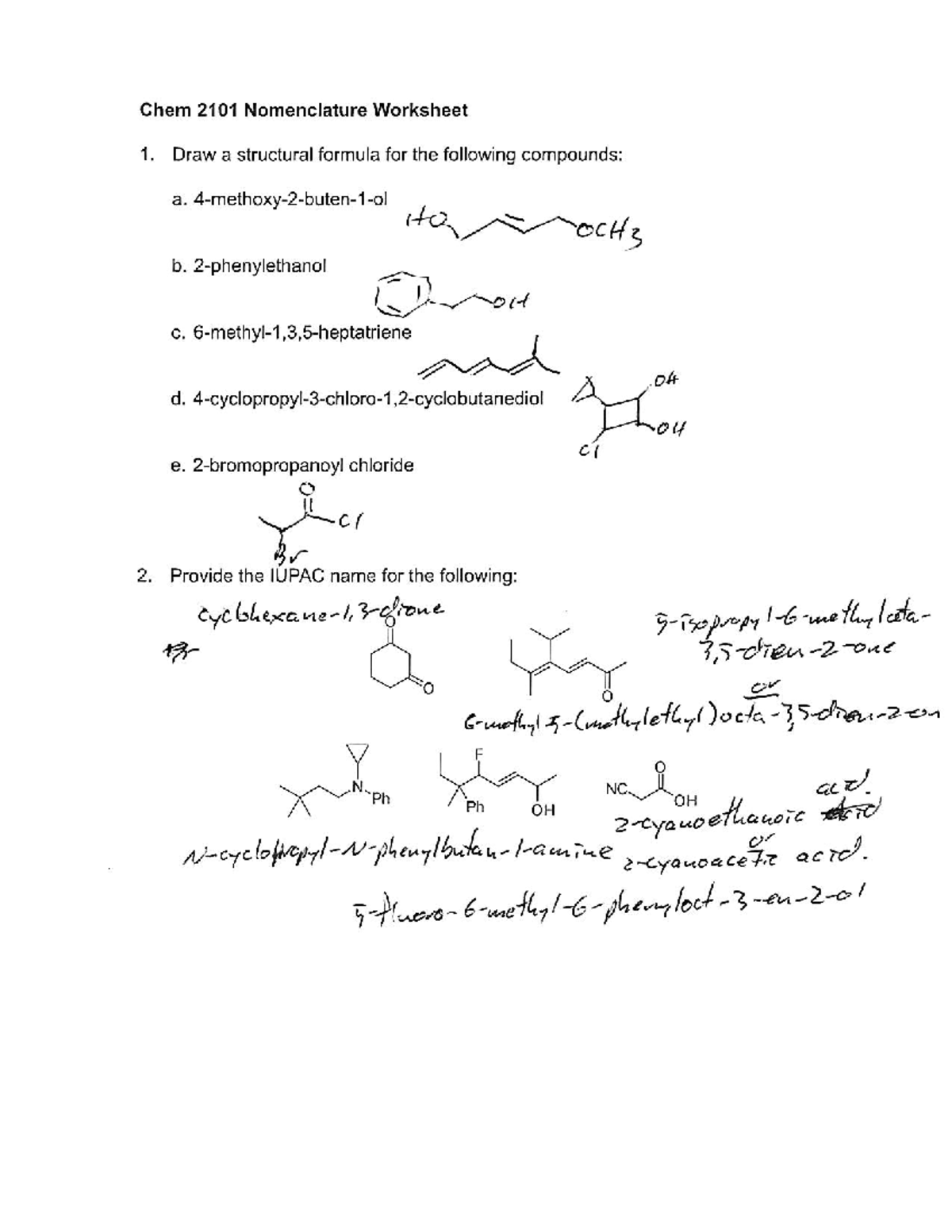 Chem 2101 Nomenclature Worksheet 1 Key: Structural Formulas ...