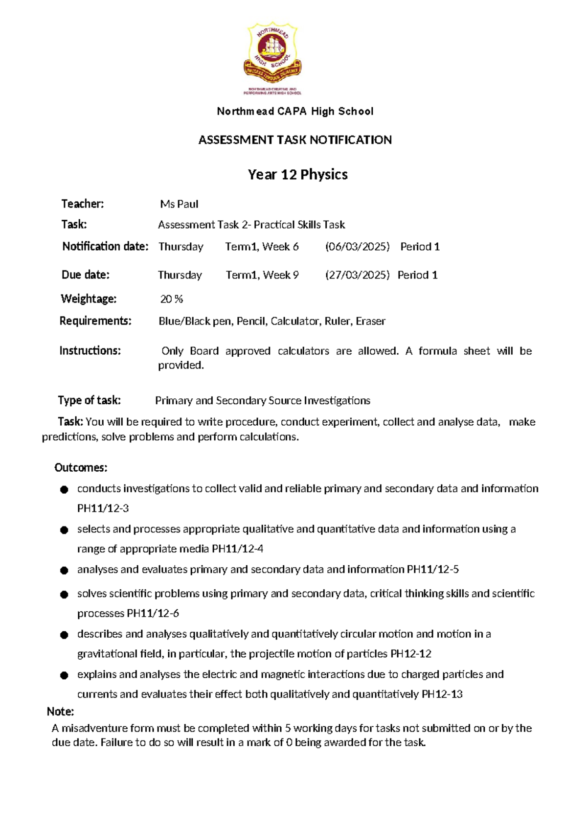 HSC Physics 2025 - Task 2 - Practical Skills Task - Northmead CAPA High ...