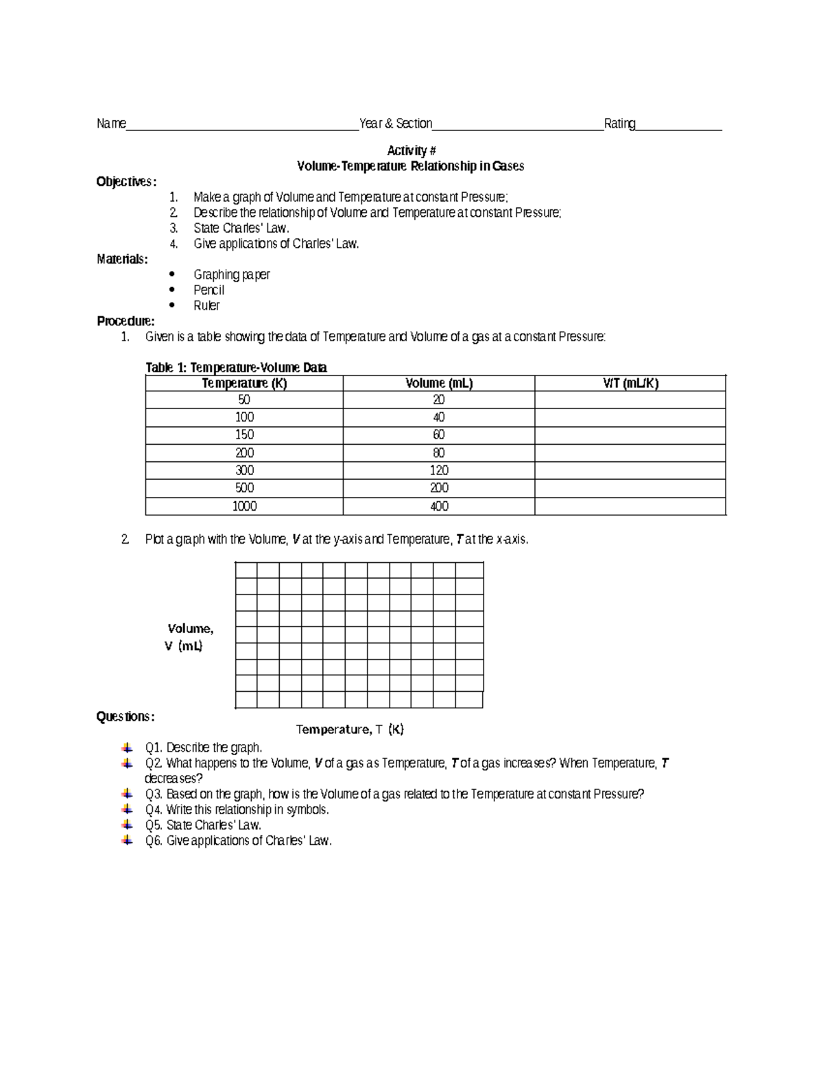 Charles' Law Activity: Exploring Volume-Temperature Relationship - Studocu