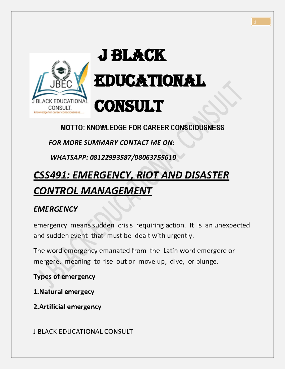 CSS491: Summary of Emergency, Riot, and Disaster Control Management ...