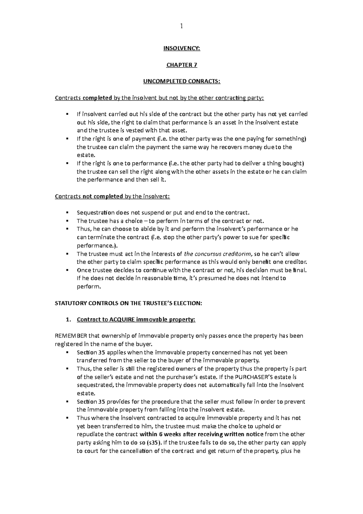 MRL3701-Chp-7 - Notes on uncompleted contracts - INSOLVENCY: CHAPTER 7 ...
