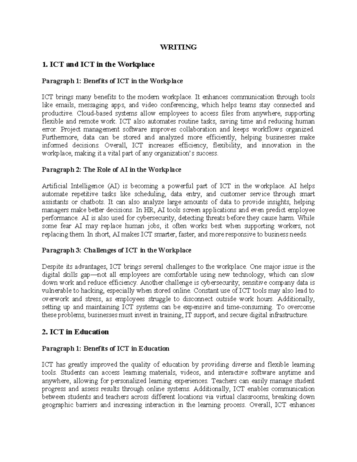 WRITING 1: The Impact of ICT and AI in Workplace & Education - Studocu