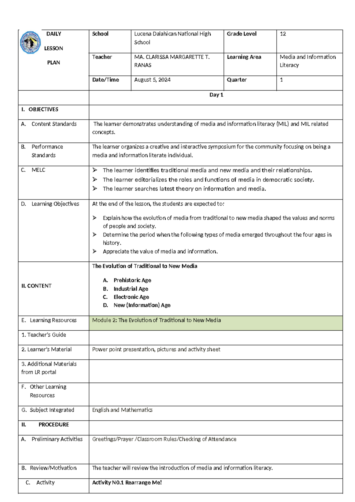 DLP-MIL-Q1WK2D1 - Comprehensive Lesson Plan on Media Literacy - Studocu