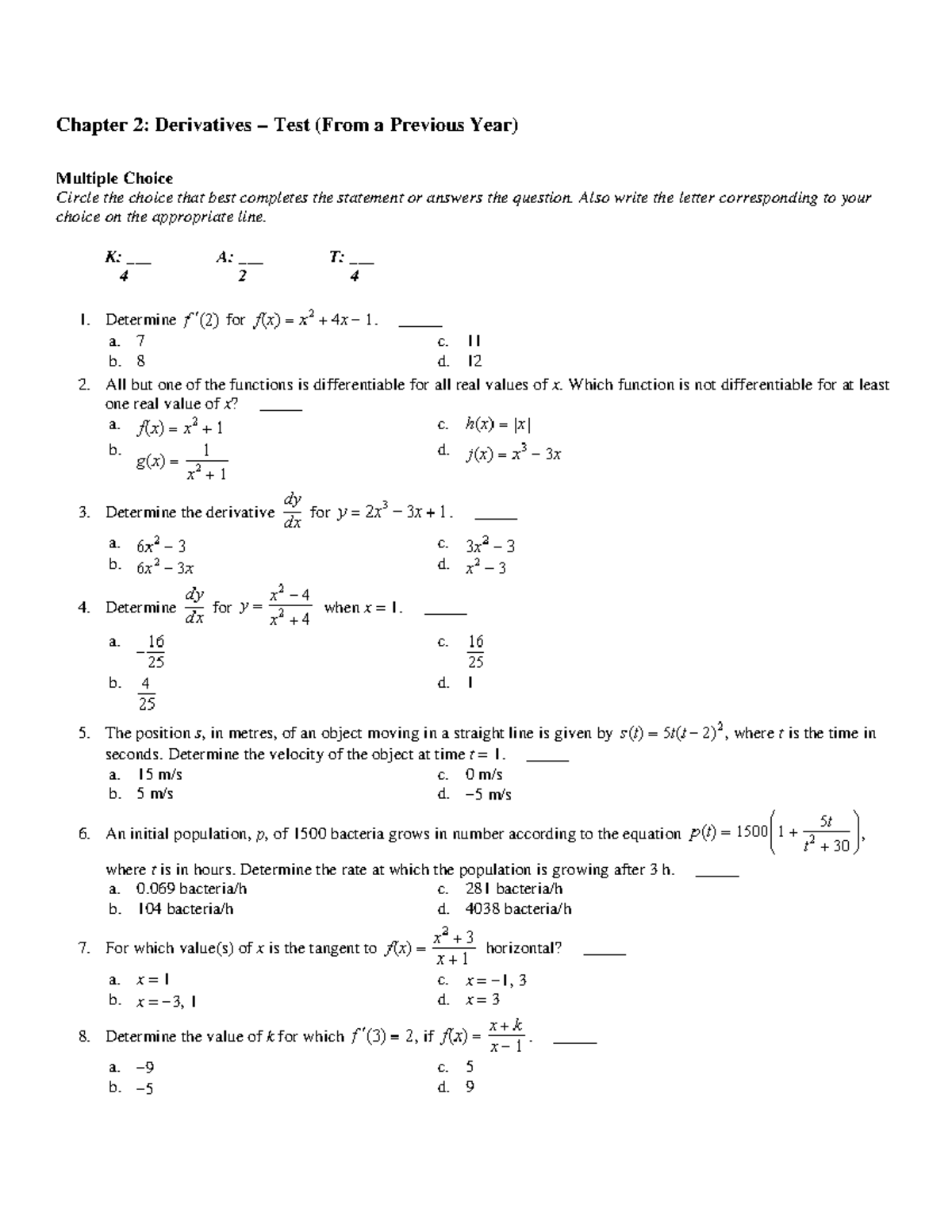 Chp2: Derivatives Practice Test - Multiple Choice Questions - Studocu