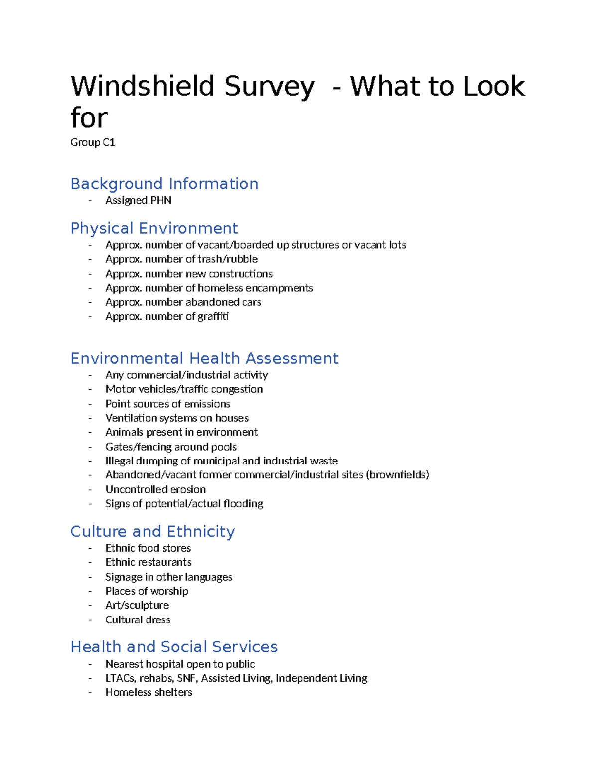 Windshield Survey - What to Look for - Windshield Survey - What to Look ...