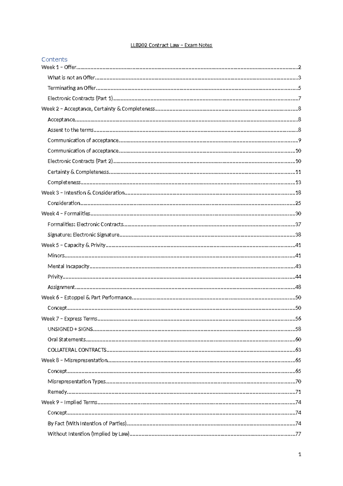 LLB202 Contract Law - Comprehensive Exam Notes and Key Concepts - Studocu