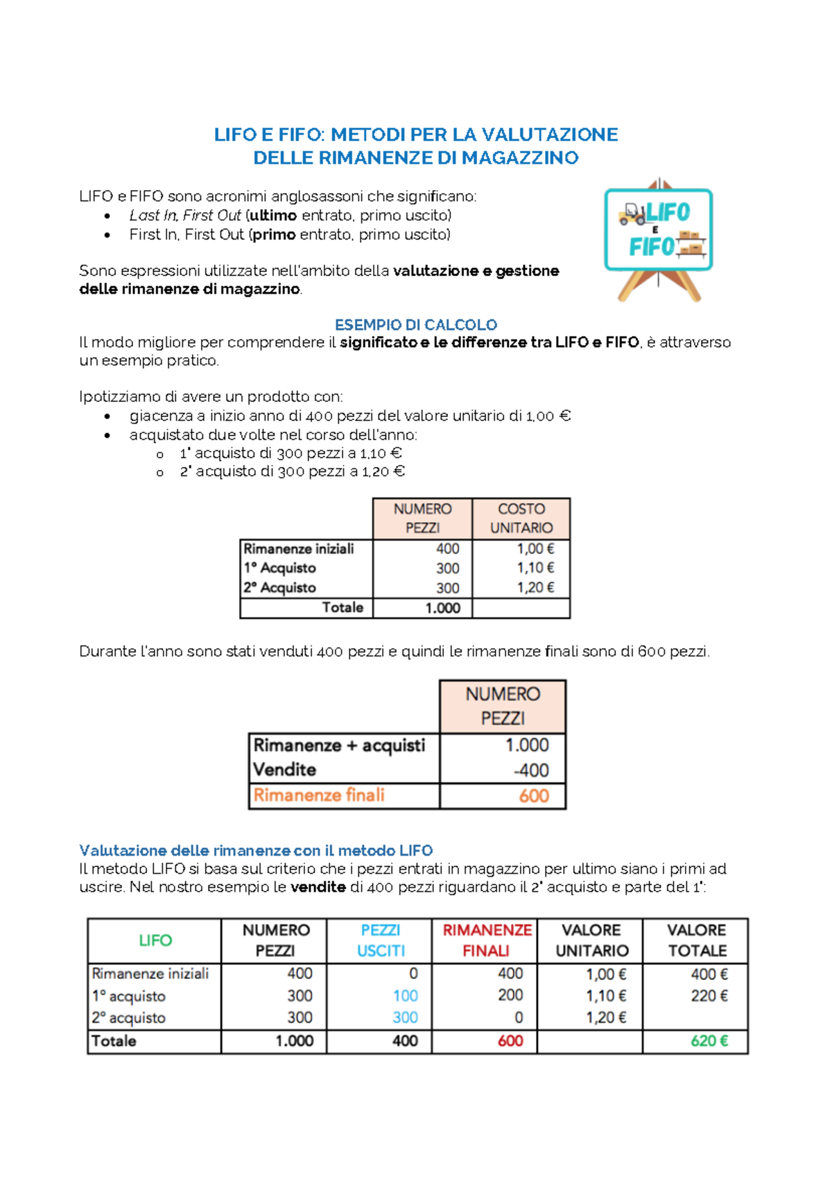Metodi LIFO e FIFO per la Valutazione delle Rimanenze di Magazzino ...