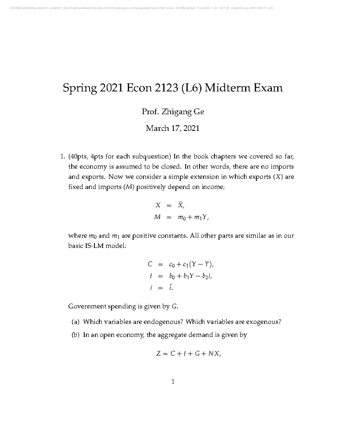 ECON2123 Spring 2021 Midterm Exam Study Guide by Prof. Ge - Studocu