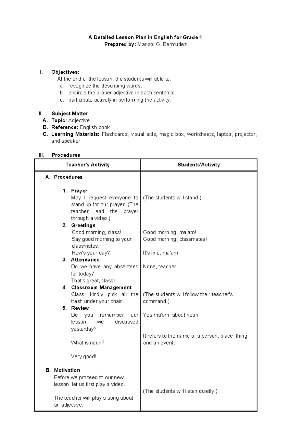 Final Lesson Plan in English for Grade 1: Understanding Adjectives ...