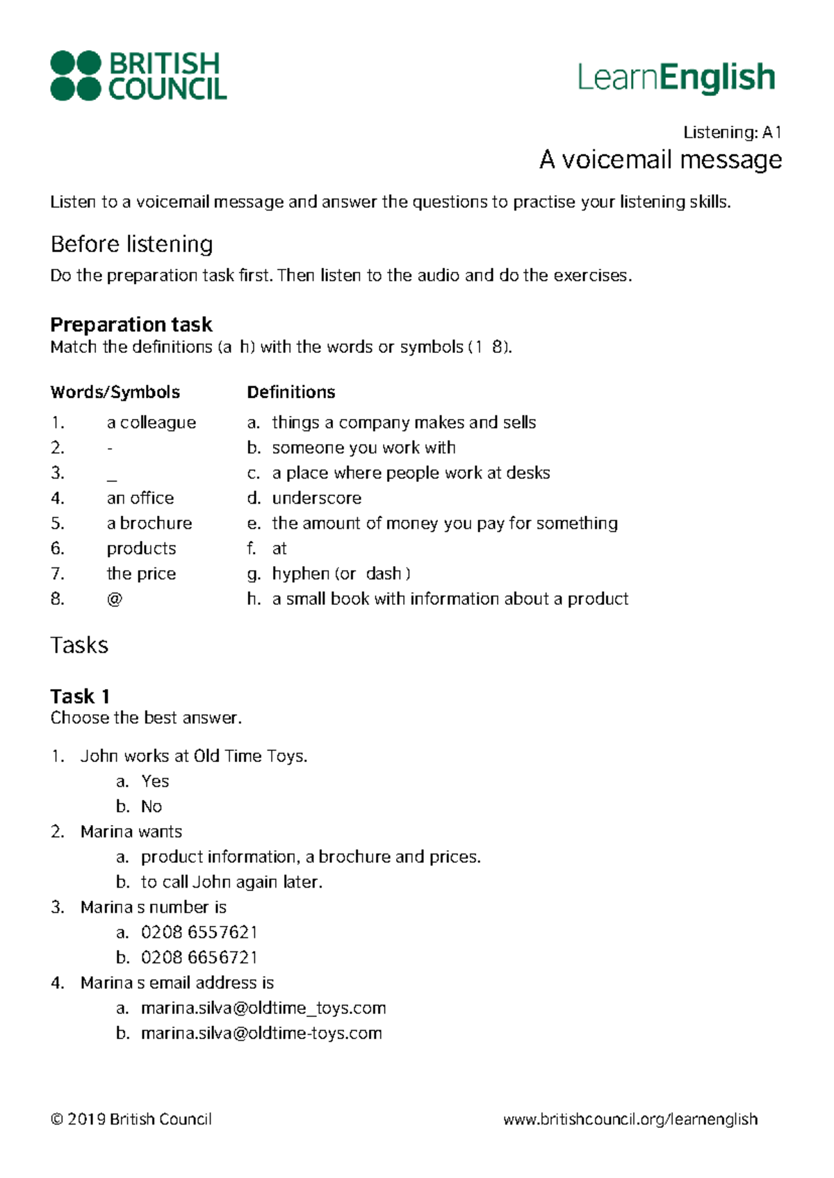 Listening Practice: A1 Voicemail Message Exercises - Studocu