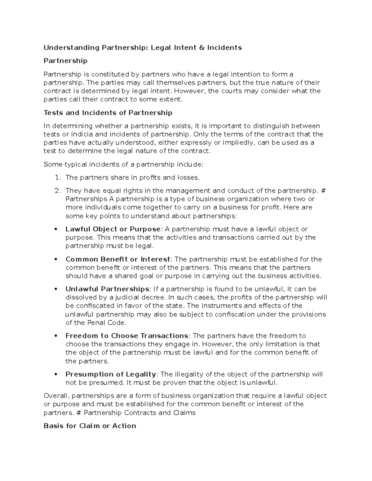 Understanding Partnership: Legal Intent and Key Incidents - Studocu