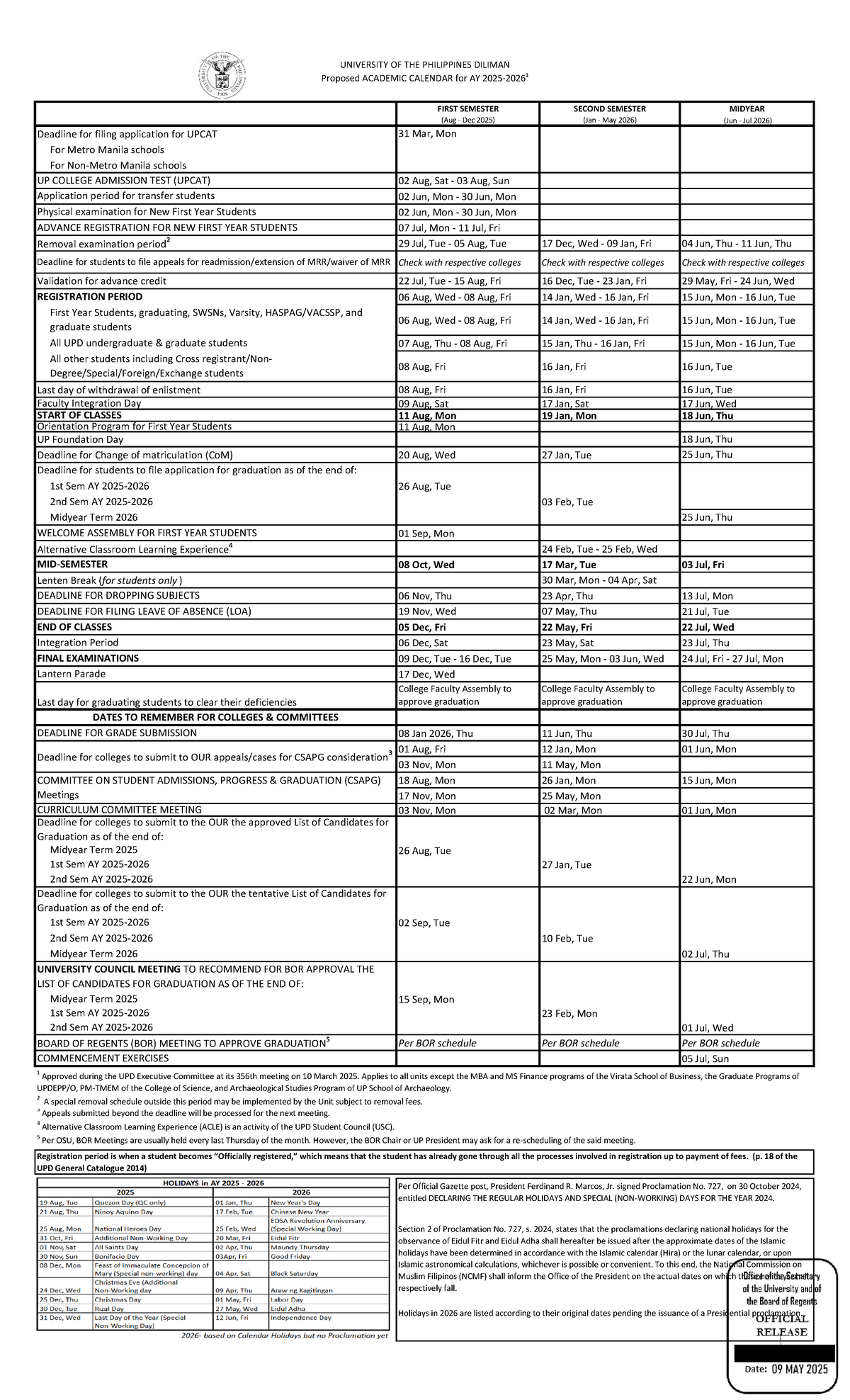 UP DILIMAN Proposed Academic Calendar AY 2025-2026 - Studocu