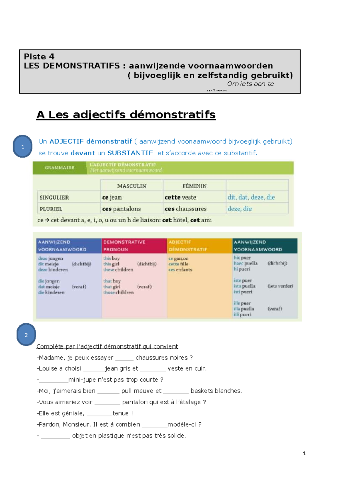 Les adjectifs et les pronoms démonstratifs bundel herwerking 2023 - A ...