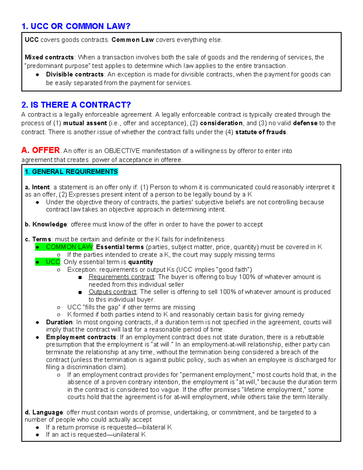 Contracts Law Overview: UCC vs. Common Law (Final Exam Notes) - Studocu