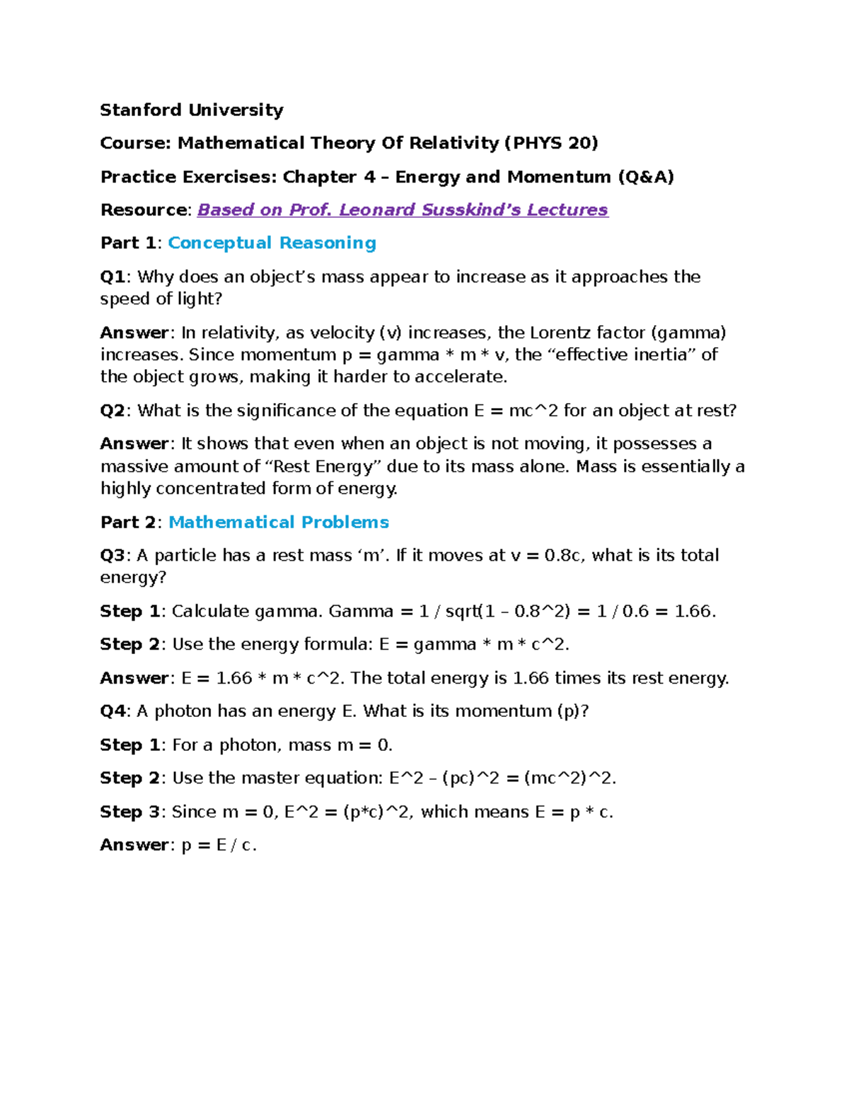 Mathematical Theory of Relativity (PHYS 20) Ch 4 Energy & Momentum QA ...