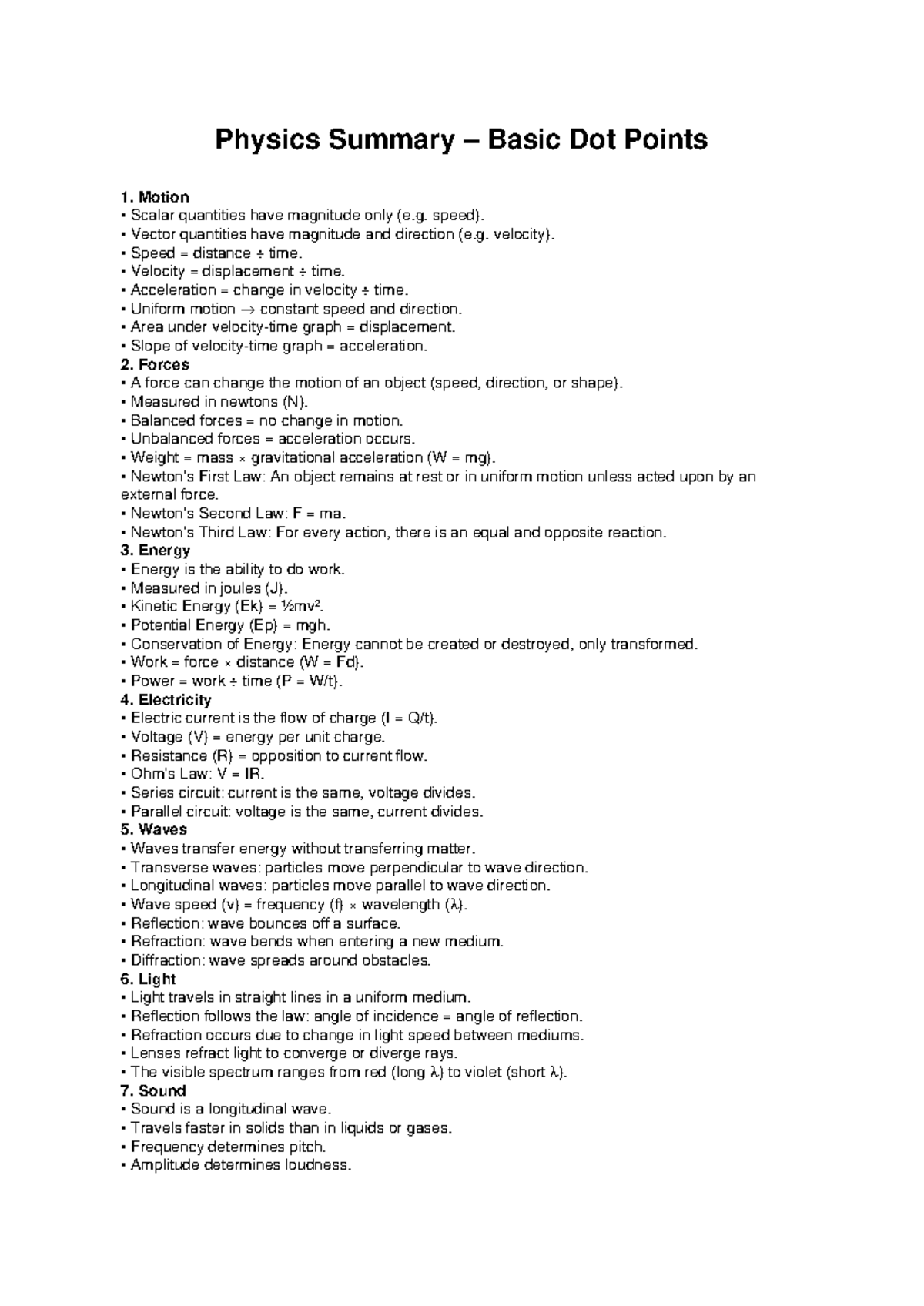 Physics Summary: Key Concepts and Dot Points for Exam - Studocu
