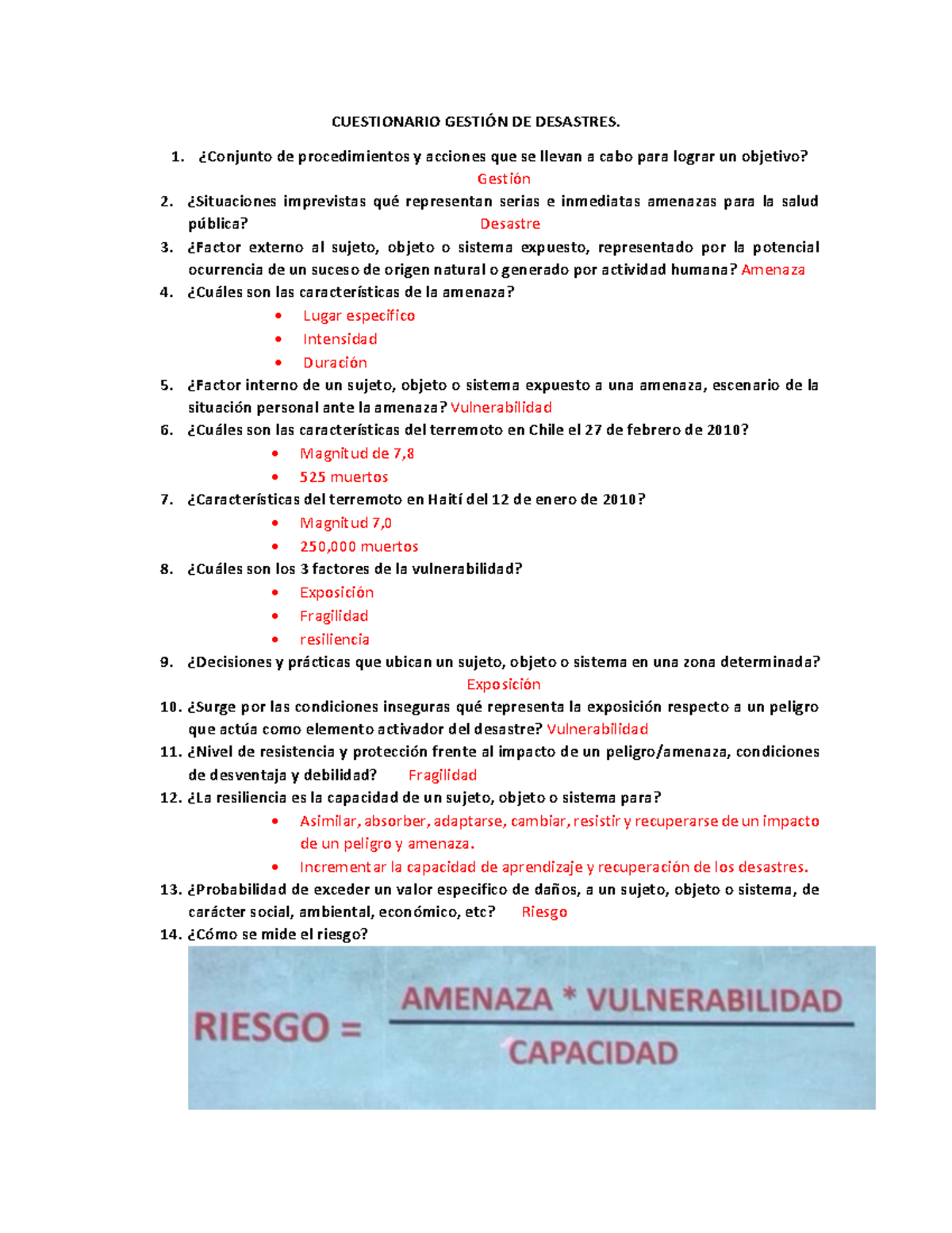 Cuestionario de Gestión de Desastres - Primer Parcial (Curso: GD101) - Document Preview