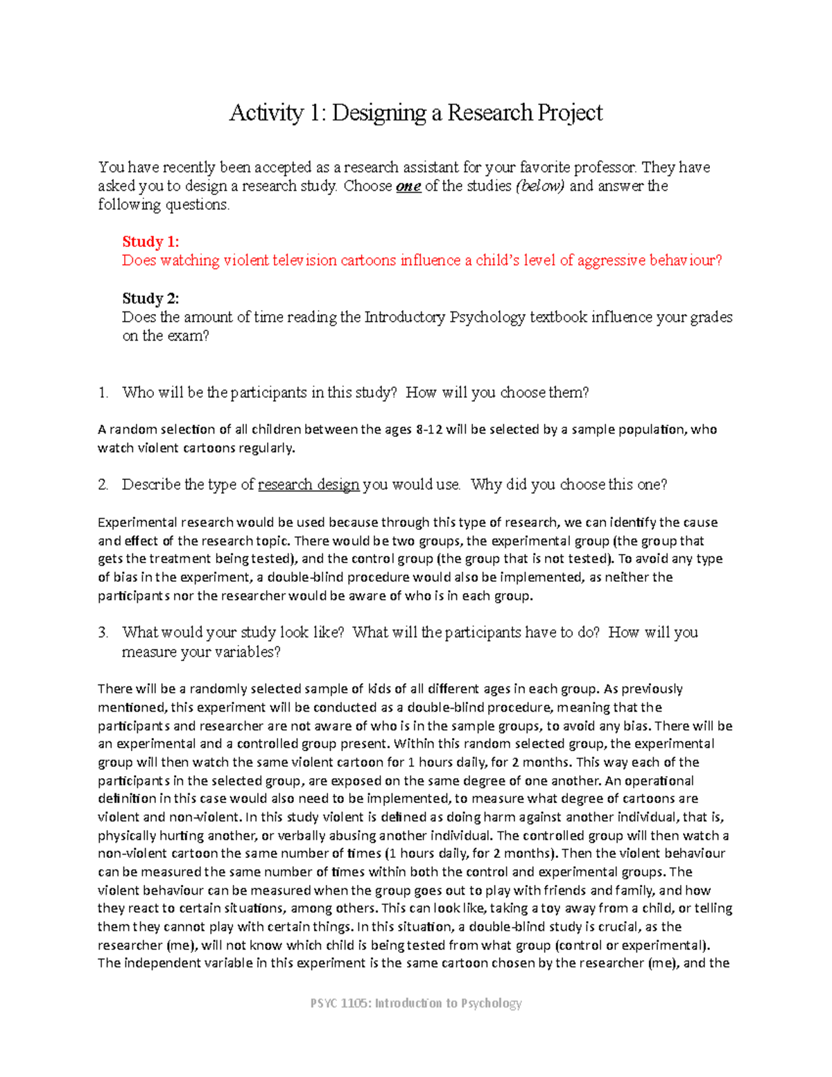 Activity 1 - Designing a Research Study - Activity 1: Designing a ...