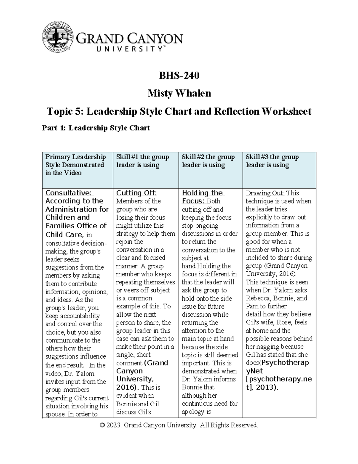 BHS 240 RS T5 - Leadership Style Chart & Reflection Worksheet - Studocu
