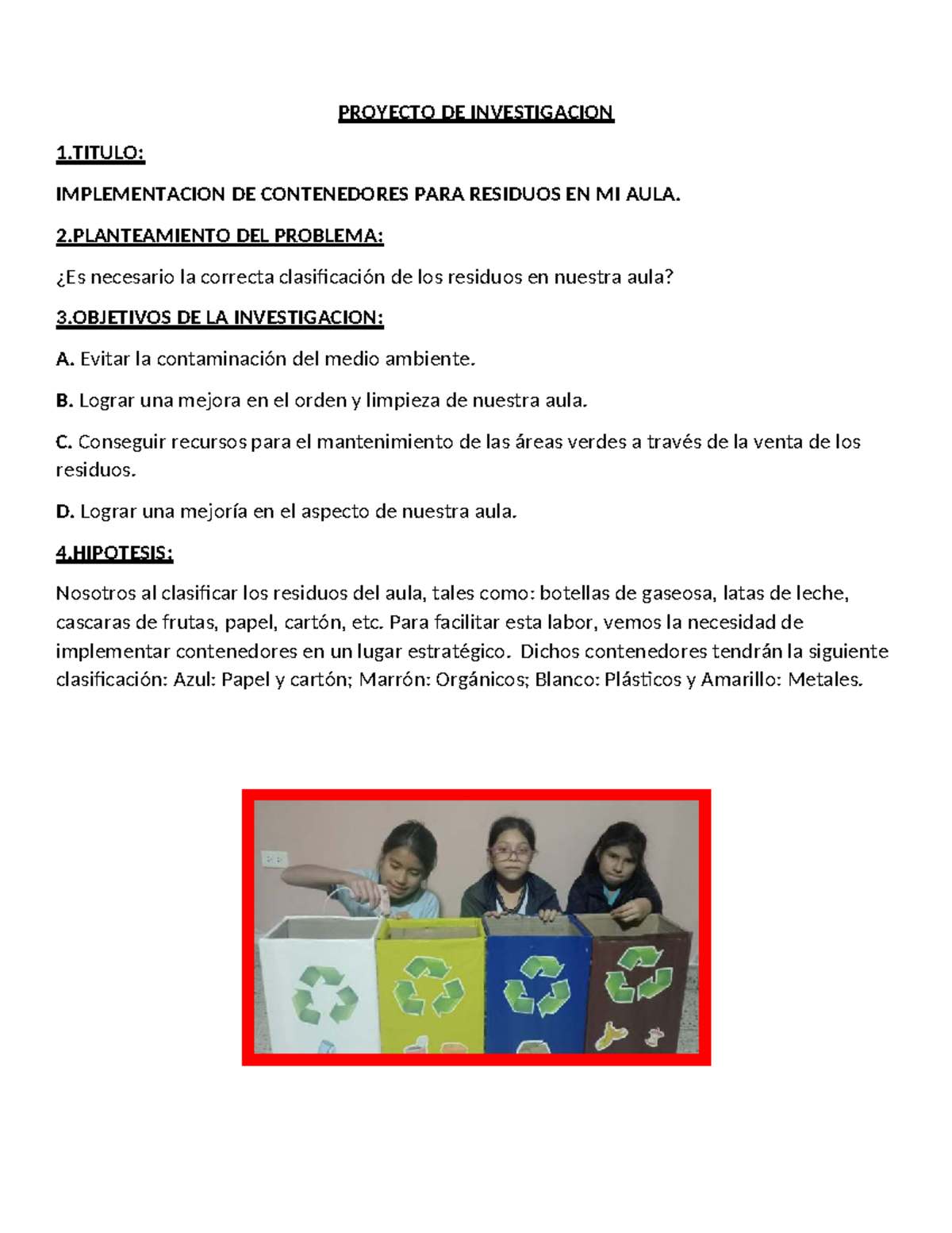 Implementación de Contenedores para Residuos en el Aula - Proyecto de ...