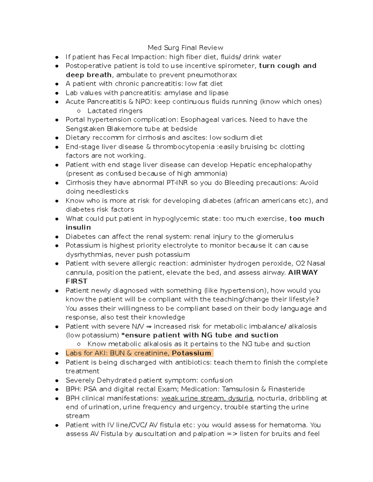 Med Surg 101 Final Exam Review: Key Concepts & Nursing Care - Studocu