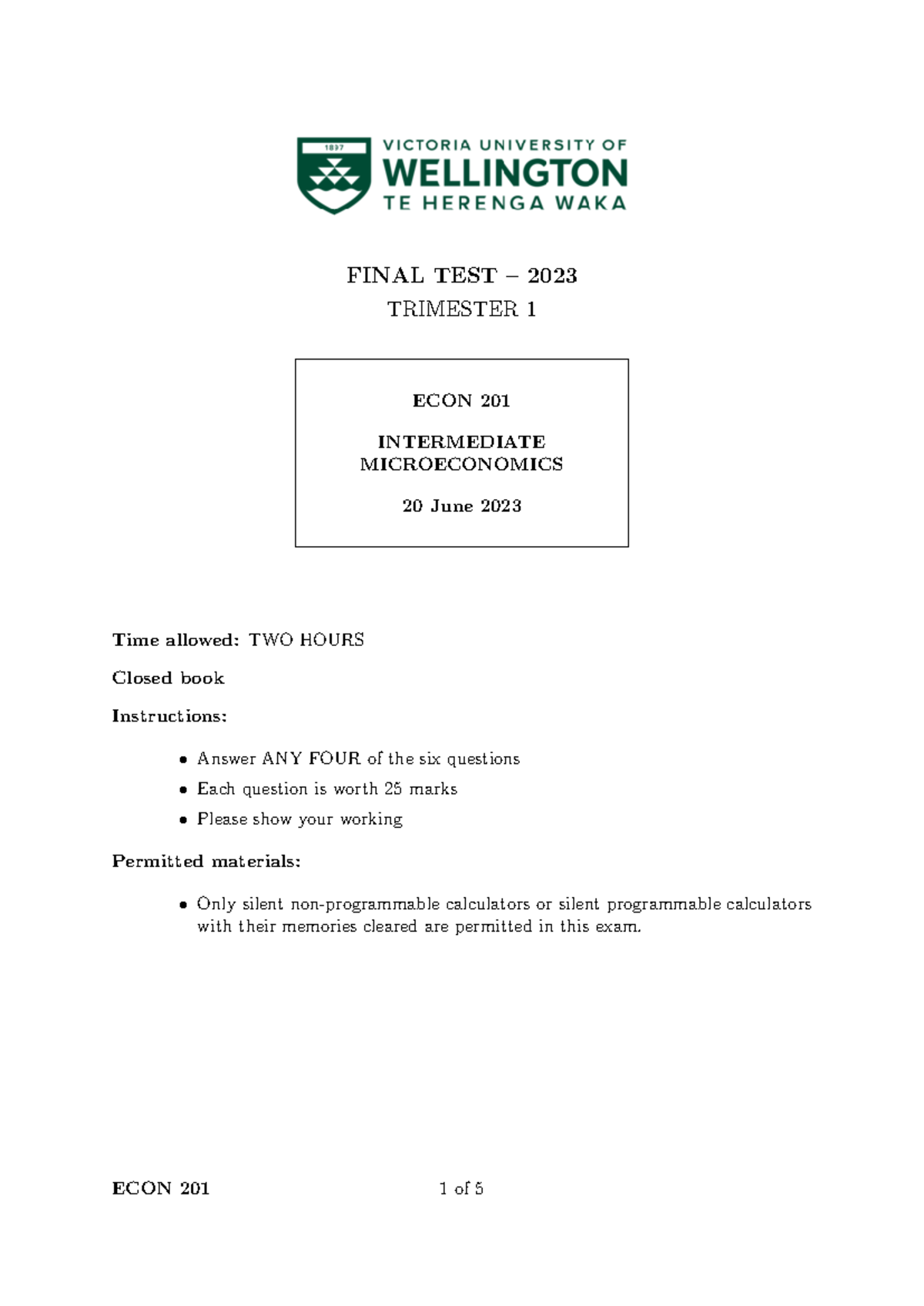 Final Test – 2023: ECON 201 Intermediate Microeconomics Exam Overview ...
