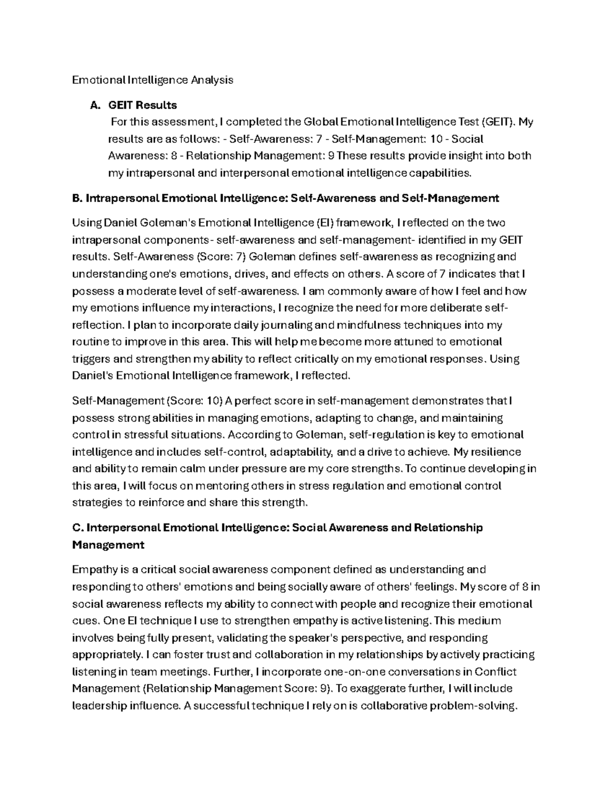 D082 emotional intelligence analysis and personal development plan ...