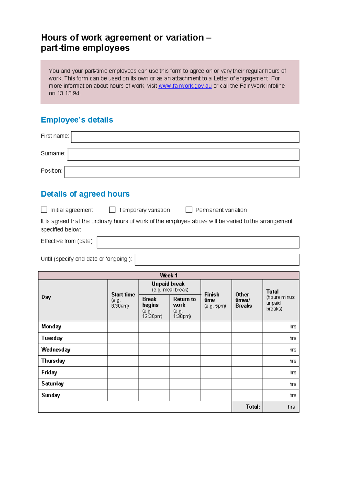 Part time hours of work agreement variation - Hours of work agreement ...