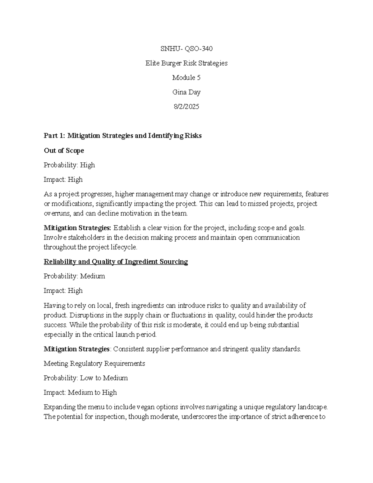 Mod 5 Case Scenario: Elite Burger Risk Mitigation Strategies - Studocu