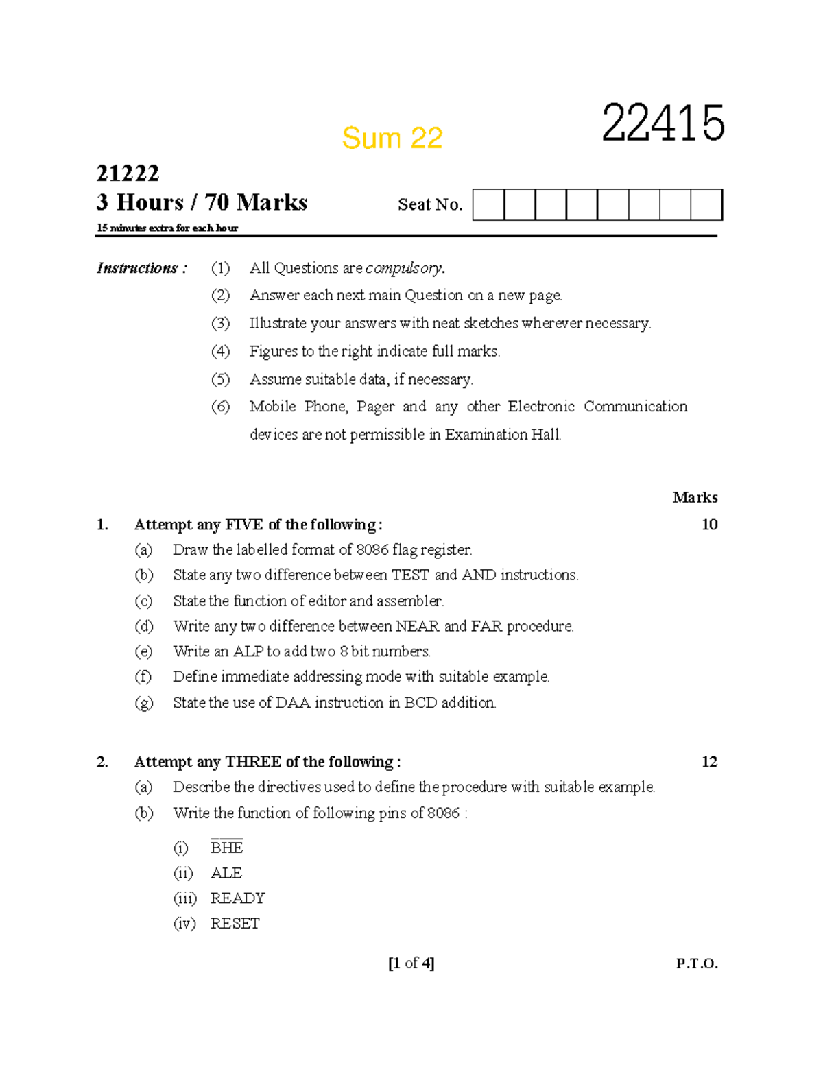 Sum 22 Mic - Diploma Exam Paper 22415 (3 Hours, 70 Marks) - Studocu