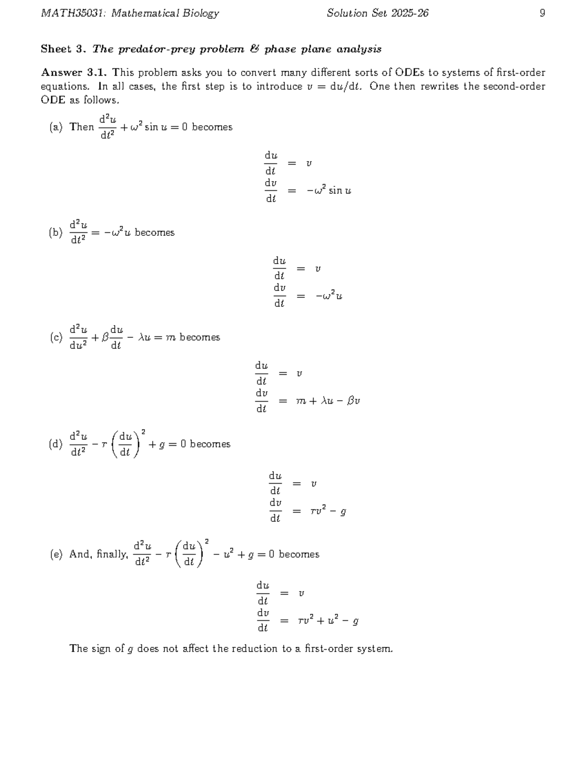 MATH35031: Mathematical Biology Solution Set 9 & 10 Analysis - Studocu