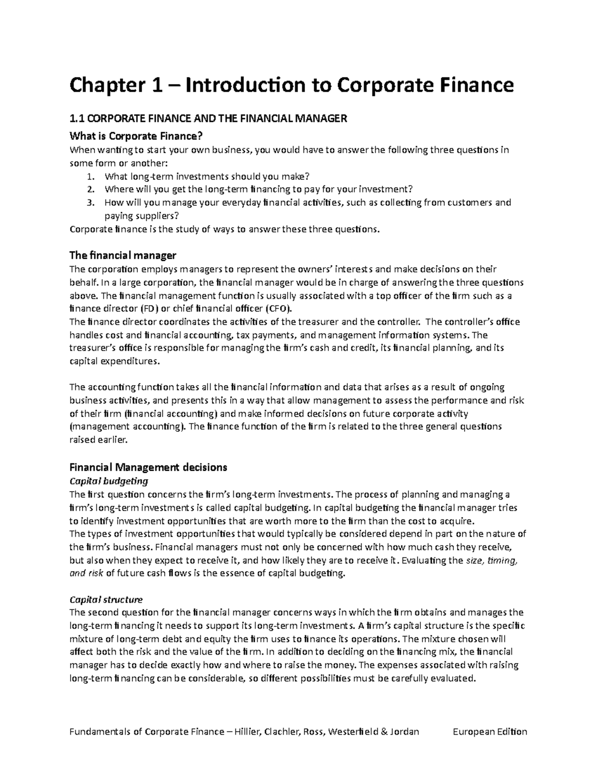 Fundamentals of Corporate Finance - Chapter 1 Overview and Key Concepts ...