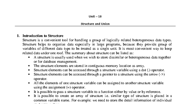Unit 10: Structure and Union - Key Concepts and Examples - Studocu