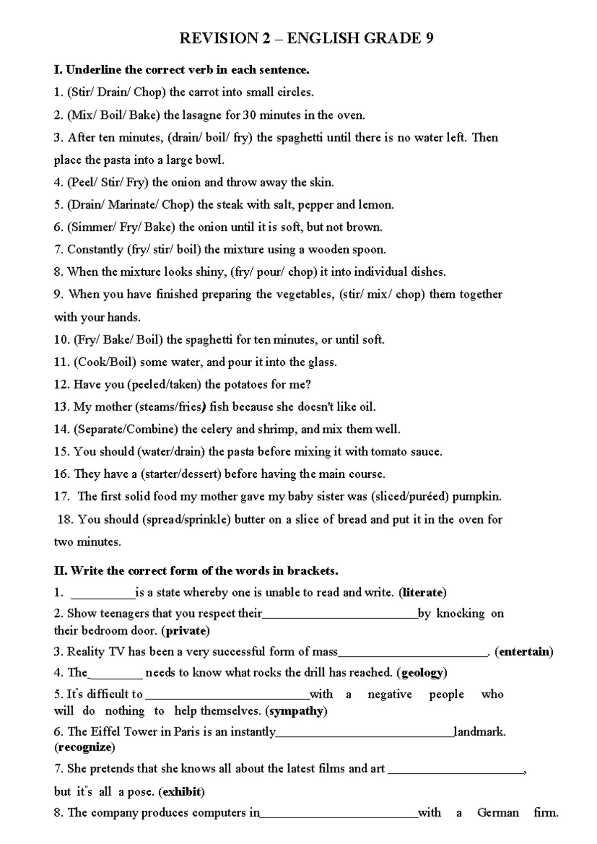 E9 - English Grade 9 Revision 2: Verb Forms and Writing Exercises - Studocu