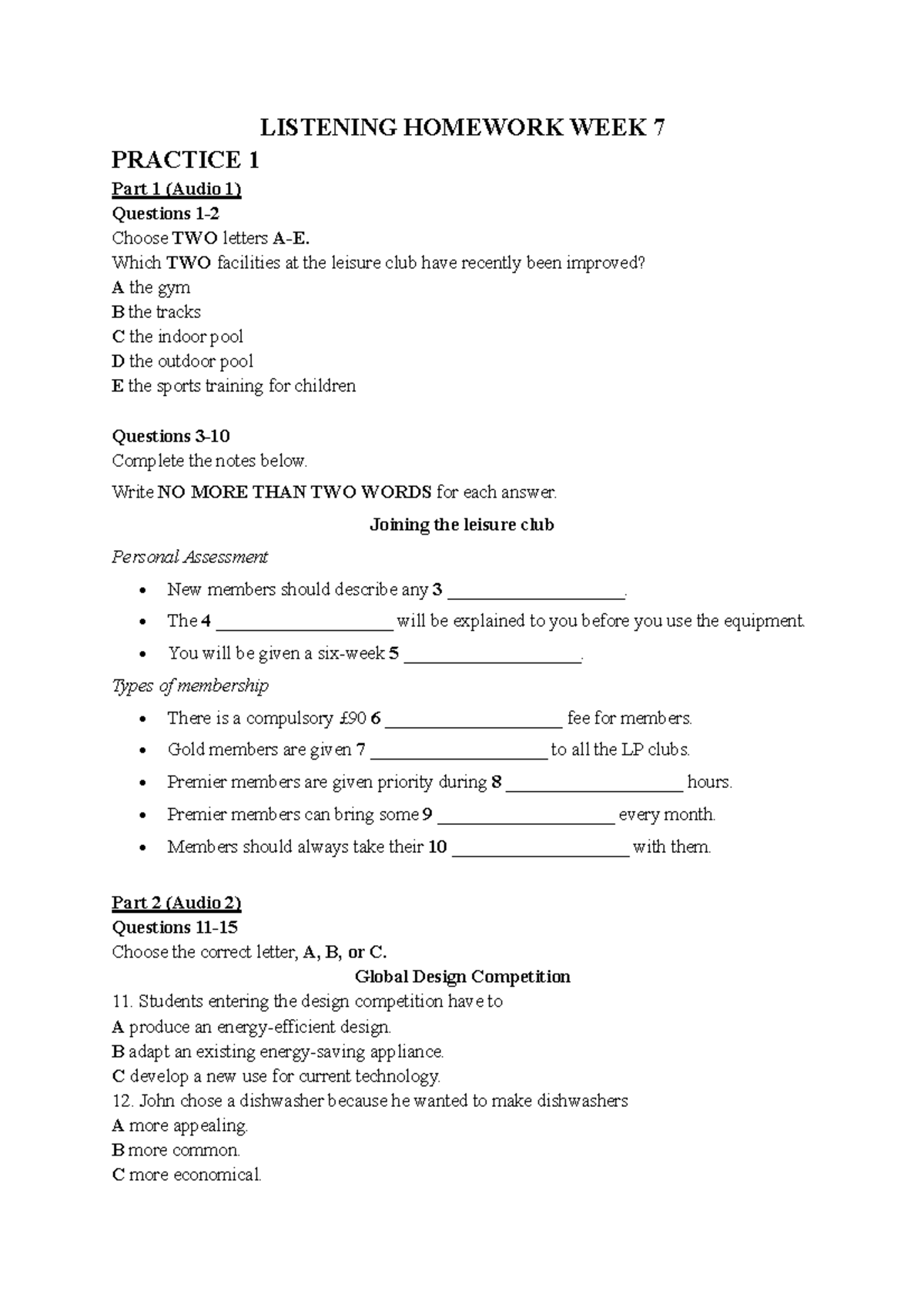 Listening Homework: Week 7 Practice Activities and Questions - Studocu