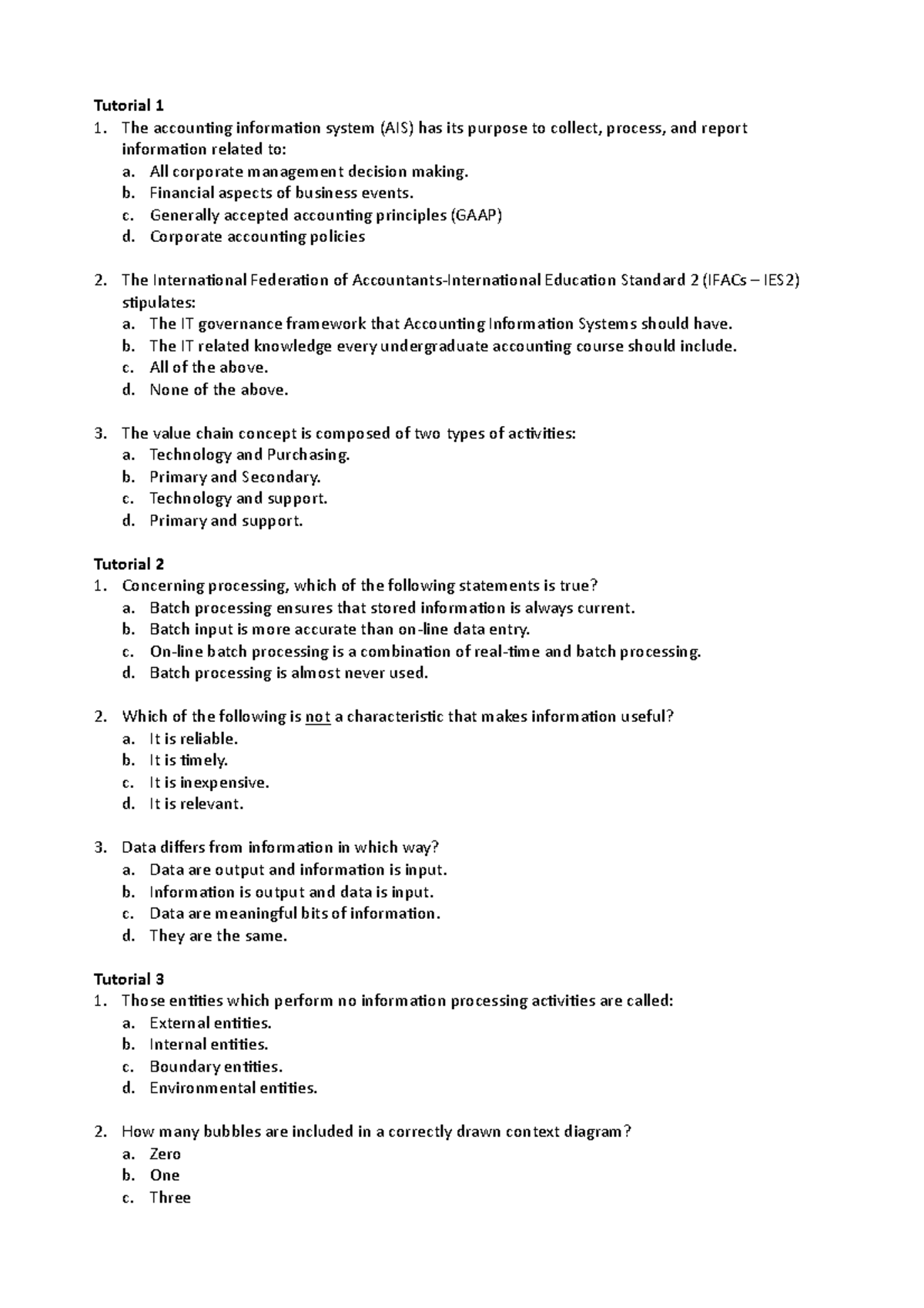 MCQs - Chapter 1-5 - Tutorial 1 The accounting information system (AIS ...
