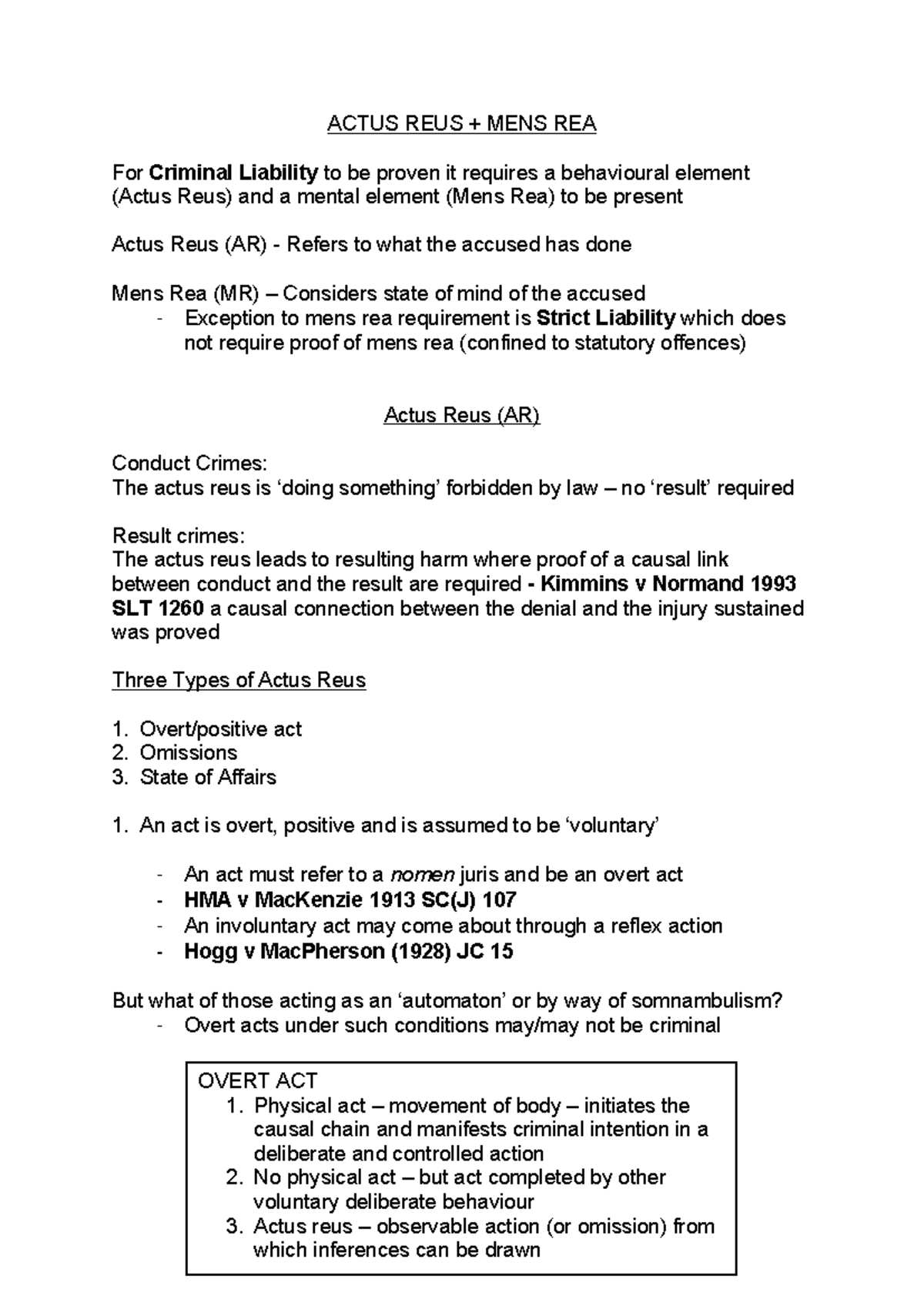 Understanding Actus Reus in Criminal Law - Key Concepts and Cases - Studocu