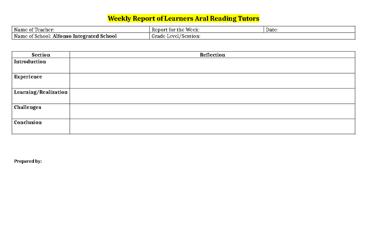 Weekly Report of Learners Aral Reading Tutors - Bacherlor of Secondary ...