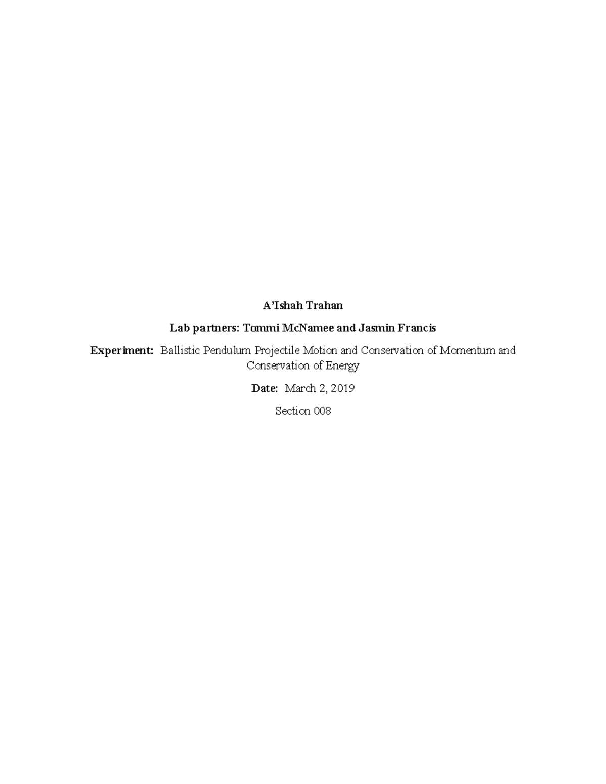 Lab Report 6: Ballistic Pendulum & Projectile Motion Analysis - Studocu