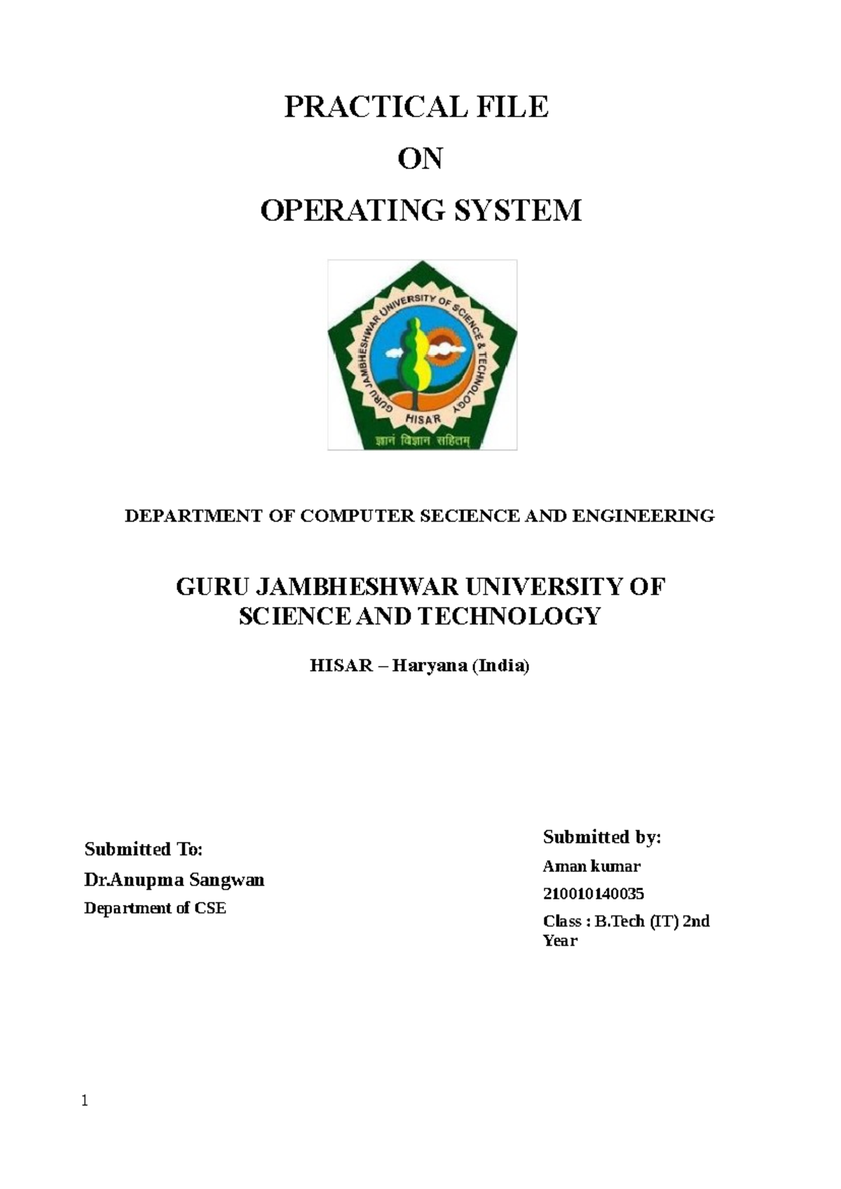 Practical File on Operating System - B.Tech (CSE) 2nd Year - Studocu