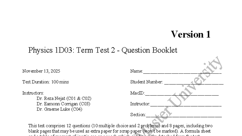 Physics 1D03: Term Test 2 Question Booklet - Nov 13, 2025 - Studocu