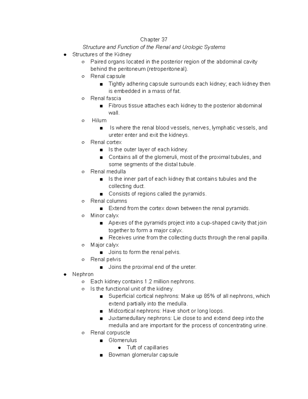 Patho #3: Chapter 37 - Structure & Function of Renal & Urologic Systems ...